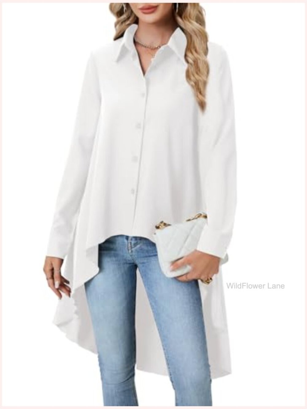 Button Down Asymmetrical Hem Blouse Long Sleeve Tunic Tops - Picture 3 of 6
